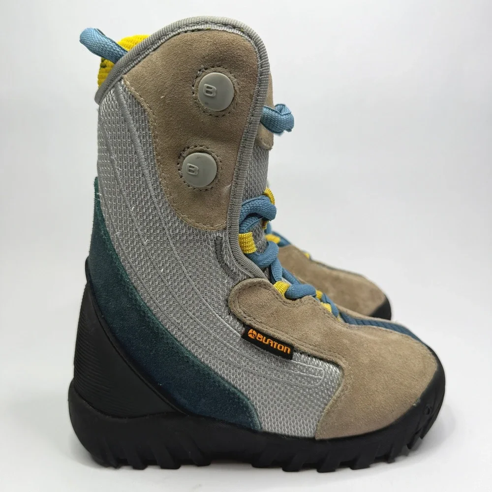 Burton Moto Snowboard Boots Kids 2 Grey Blue Yellow Lace Up